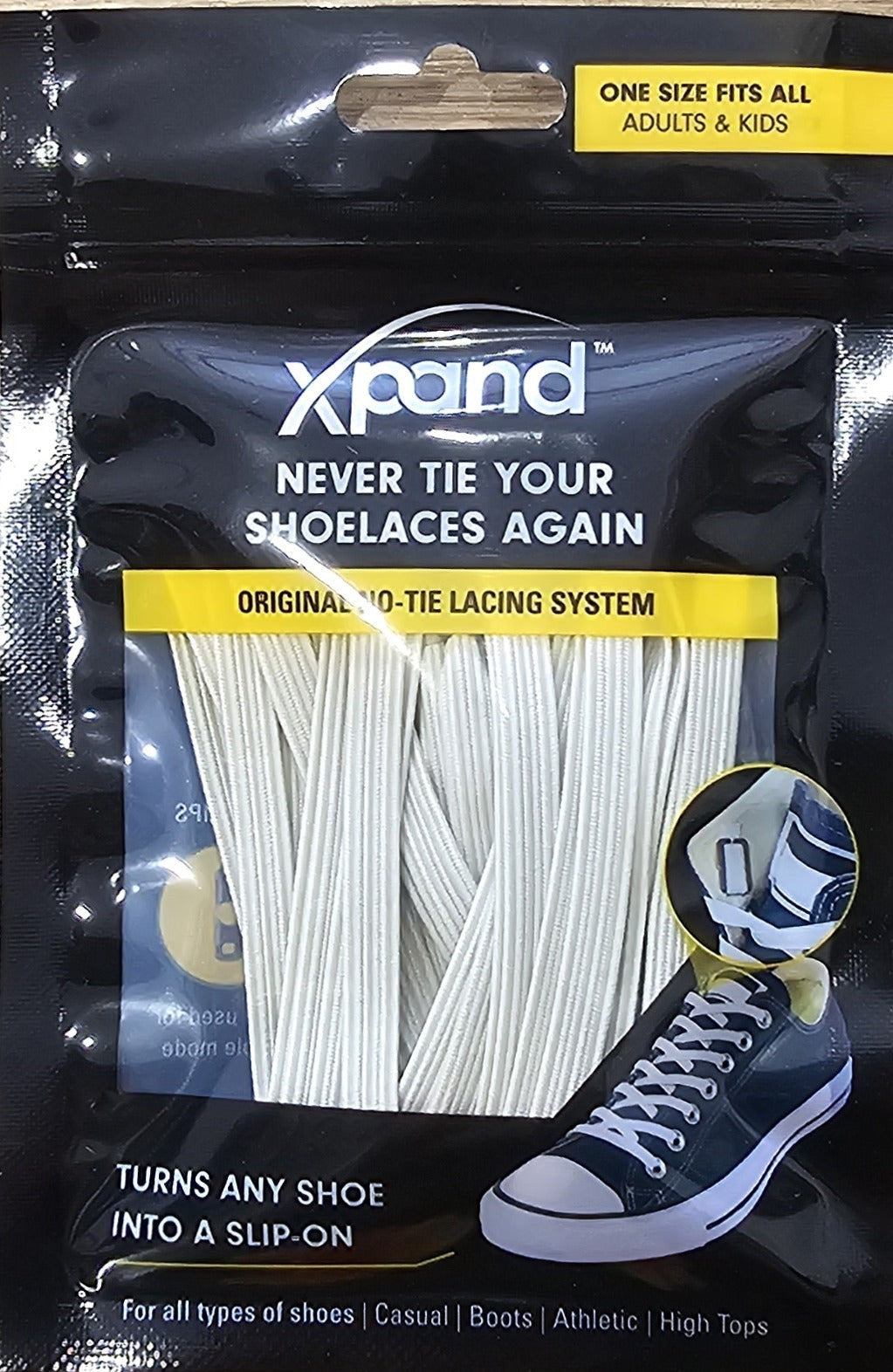 Allen's Bootery Xpand off-white flat elastic no-tie shoelaces in retail packaging for sneakers and boots.