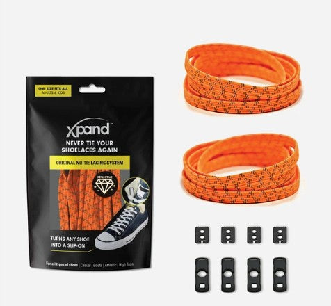 Allen's Bootery Xpand orange reflective no-tie elastic shoelaces with locking hardware and retail packaging.