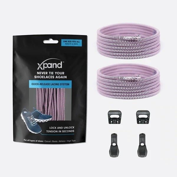 Allen's Bootery Xpand soft pink elastic quick-release shoelaces with locking anchors and end clips in packaging