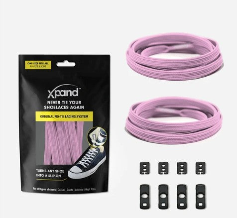 Allen's Bootery Xpand soft pink elastic no-tie shoelaces with anchors and clips in retail packaging