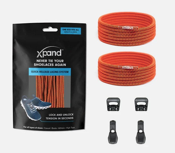 Allen's Bootery Xpand pumpkin orange elastic quick-release shoelaces with locking anchors and end clips in packaging.