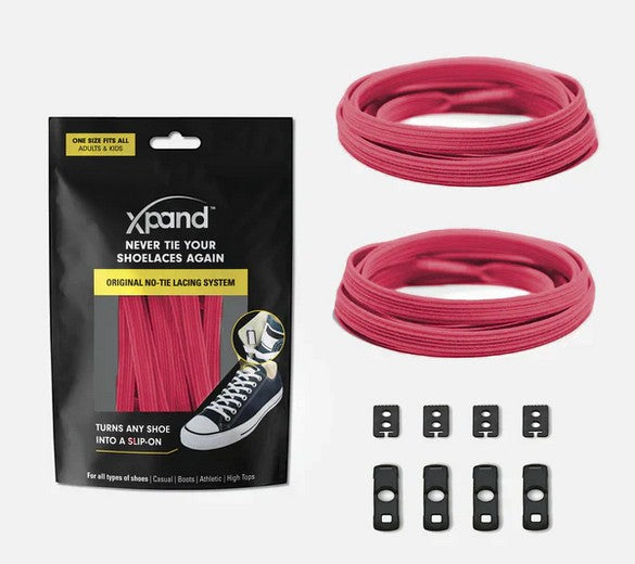 Allen's Bootery Xpand raspberry red elastic no-tie shoelaces with anchors and clips in original packaging