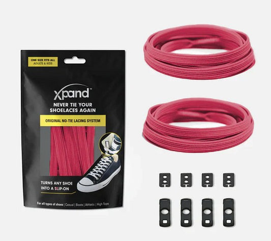 Allen's Bootery Xpand raspberry red elastic no-tie shoelaces with anchors and clips in original packaging