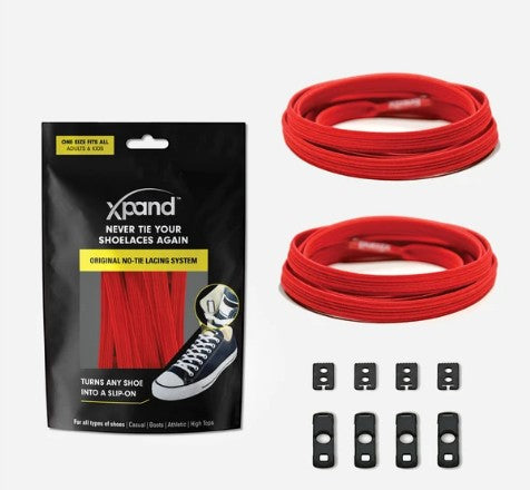 Allen's Bootery Xpand red elastic no-tie shoelaces with lace anchors and end clips in retail packaging