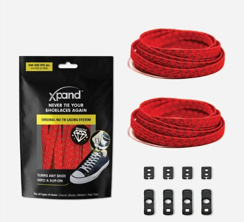 Allen's Bootery Xpand red reflective no-tie elastic shoelaces with anchors and end clips for sneakers.