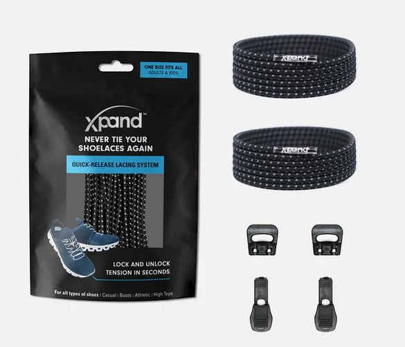 Allen's Bootery Xpand Laces quick-release black reflective elastic shoelace kit with locking anchors and end clips.
