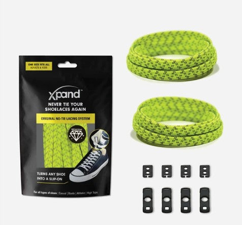 Allen's Bootery Xpand Laces Original no-tie system in lemon lime reflective elastic with anchors and clips.