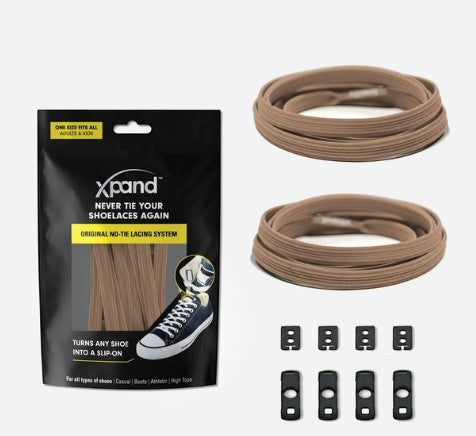 Allen's Bootery Xpand Laces Original no-tie elastic shoelaces in sand with anchors and end clips for slip-on shoes.