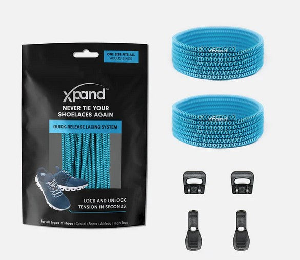 Allen's Bootery Xpand sky blue elastic quick-release shoelaces with locking anchors and end clips in packaging.