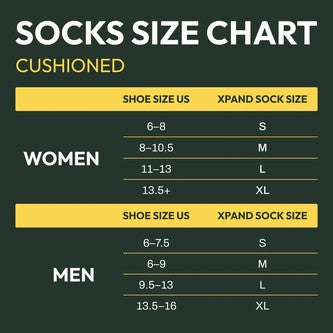 Allen's Bootery Xpand cushion socks size chart for men and women showing US shoe sizes and corresponding sock sizes.