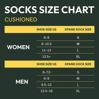 Allen's Bootery Xpand cushioned socks size chart for men and women showing US shoe sizes and corresponding sock sizes