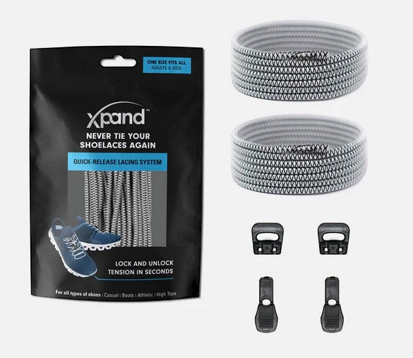 Allen's Bootery Xpand quick release steel elastic shoelaces with locking anchors and end clips in packaging.