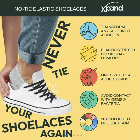 Allen's Bootery Xpand no-tie elastic shoelaces in true blue, shown on a white sneaker with comfort and fit benefits.