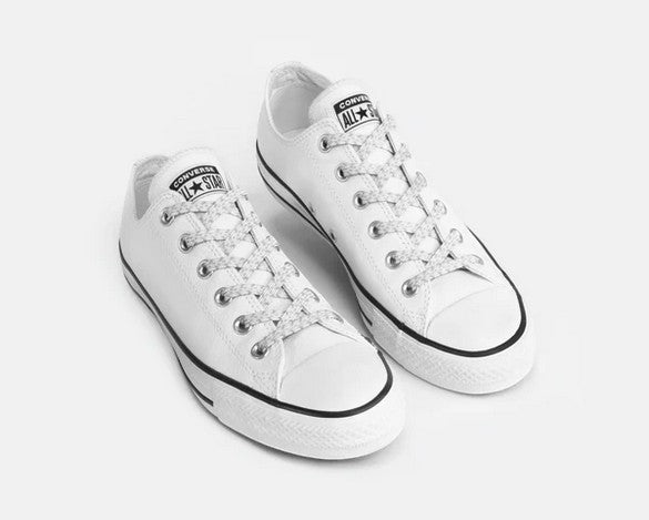Allen's Bootery Xpand white reflective no-tie elastic laces installed on white low-top sneakers