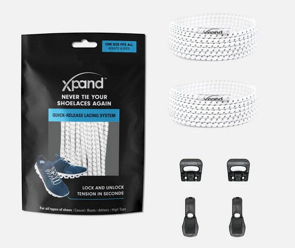 Allen's Bootery Xpand white reflective elastic shoelaces with locking anchors and end clips in retail packaging