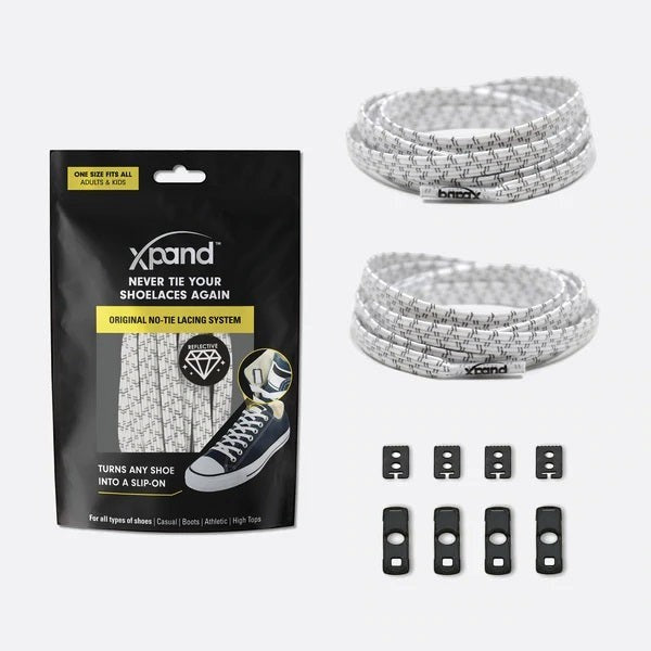 Allen's Bootery Xpand white reflective no-tie elastic shoelaces with lace anchors and end clips in packaging