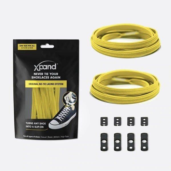 Allen's Bootery Xpand yellow elastic no-tie shoelaces with black lace anchors and end clips in retail packaging.