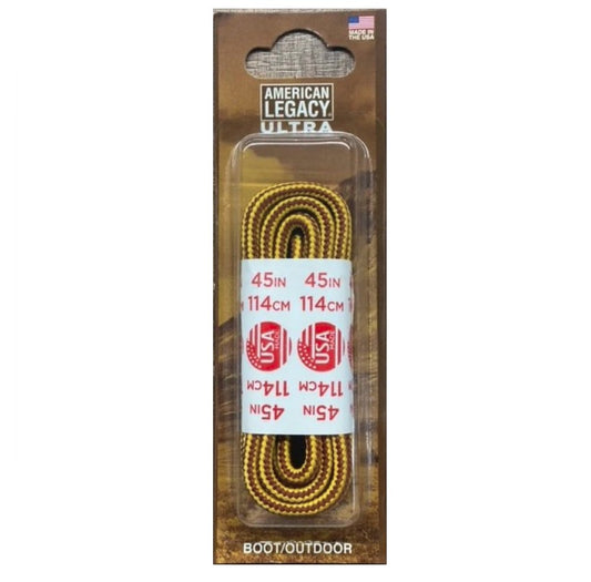 Allen's Bootery American Legacy Ultra 45-inch yellow and brown patterned coreless hiker boot laces in retail packaging.