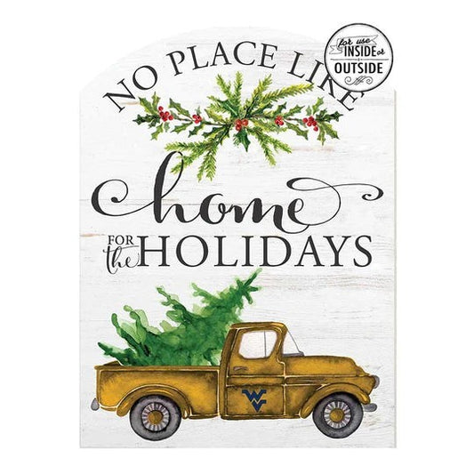 Allen's Bootery 16x22 holiday sign featuring a yellow truck carrying a Christmas tree on a white wood-grain background.