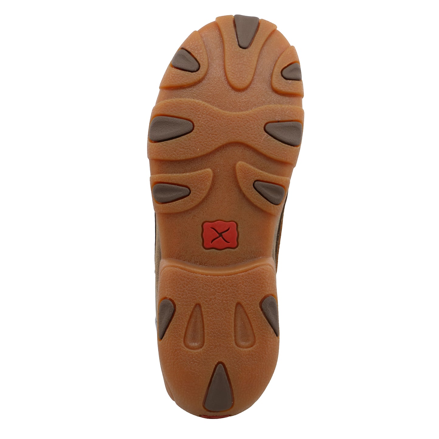 Allen's Bootery youth boat shoe featuring a brown rubber driving moc outsole with a red logo detail