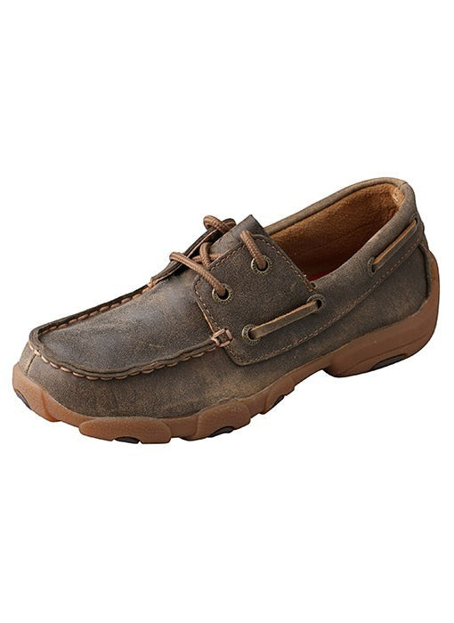 Allen's Bootery youth boat shoe in brown full-grain leather with a moc toe design and durable rubber driving outsole.