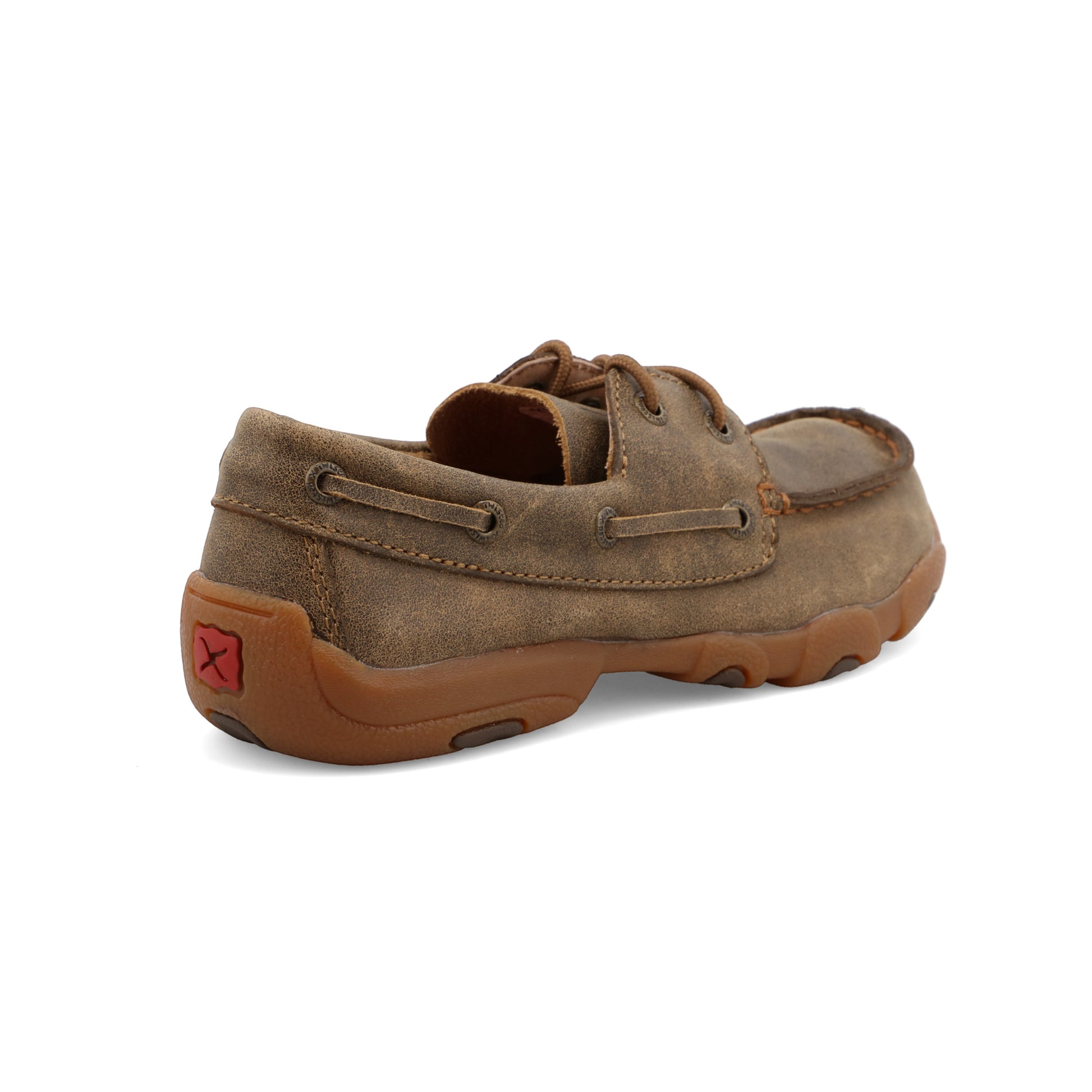 Allen's Bootery youth boat shoe in brown full-grain leather with moc toe and durable rubber driving moc outsole