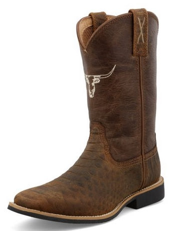 Allen's Bootery youth Top Hand western boots in tan and chocolate caiman print leather with steer head embroidery.