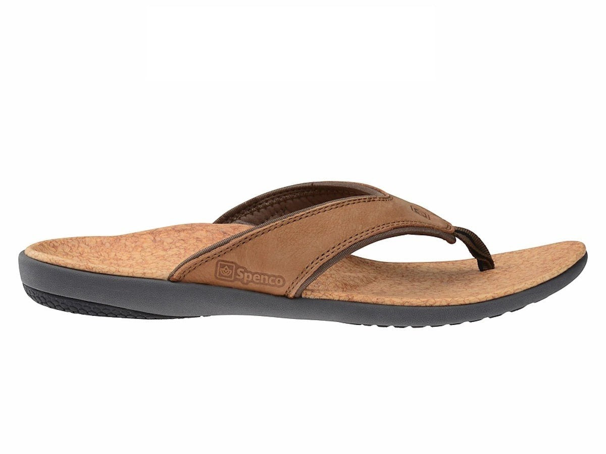 Allen's Bootery Yumi medium brown leather orthotic flip-flop sandal with a contoured footbed and dark grey outsole.