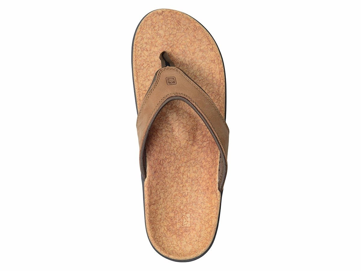 Allen's Bootery Yumi medium brown leather slip-on sandal with a cork-textured footbed and orthotic arch support.