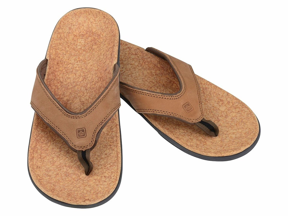 Allen's Bootery Yumi medium brown leather flip-flops with orthotic-grade arch support and textured footbed