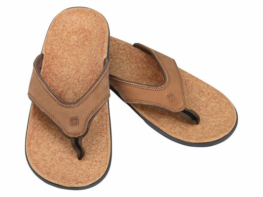 Allen's Bootery Yumi medium brown leather flip-flops with orthotic-grade arch support and textured footbed