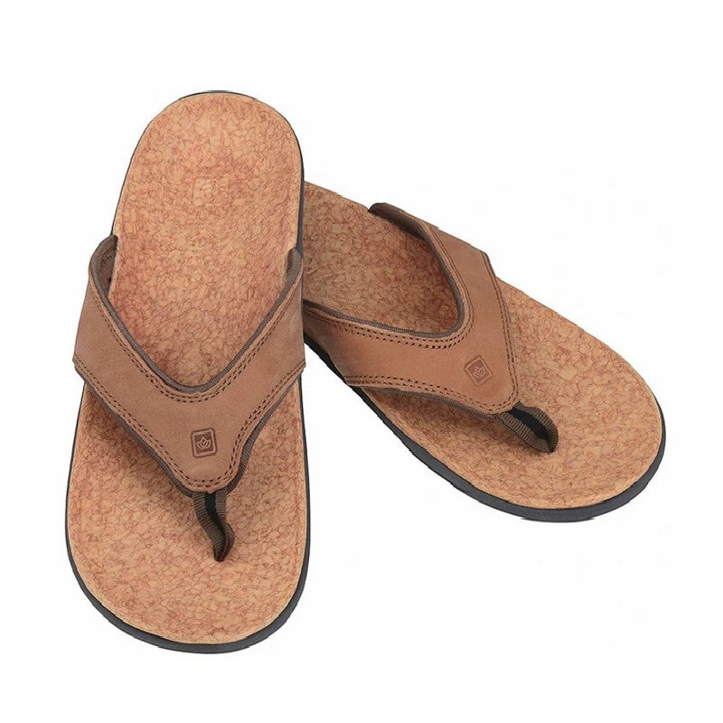 Allen's Bootery Yumi medium brown leather thong sandals with a textured cork-style footbed and orthotic arch support.