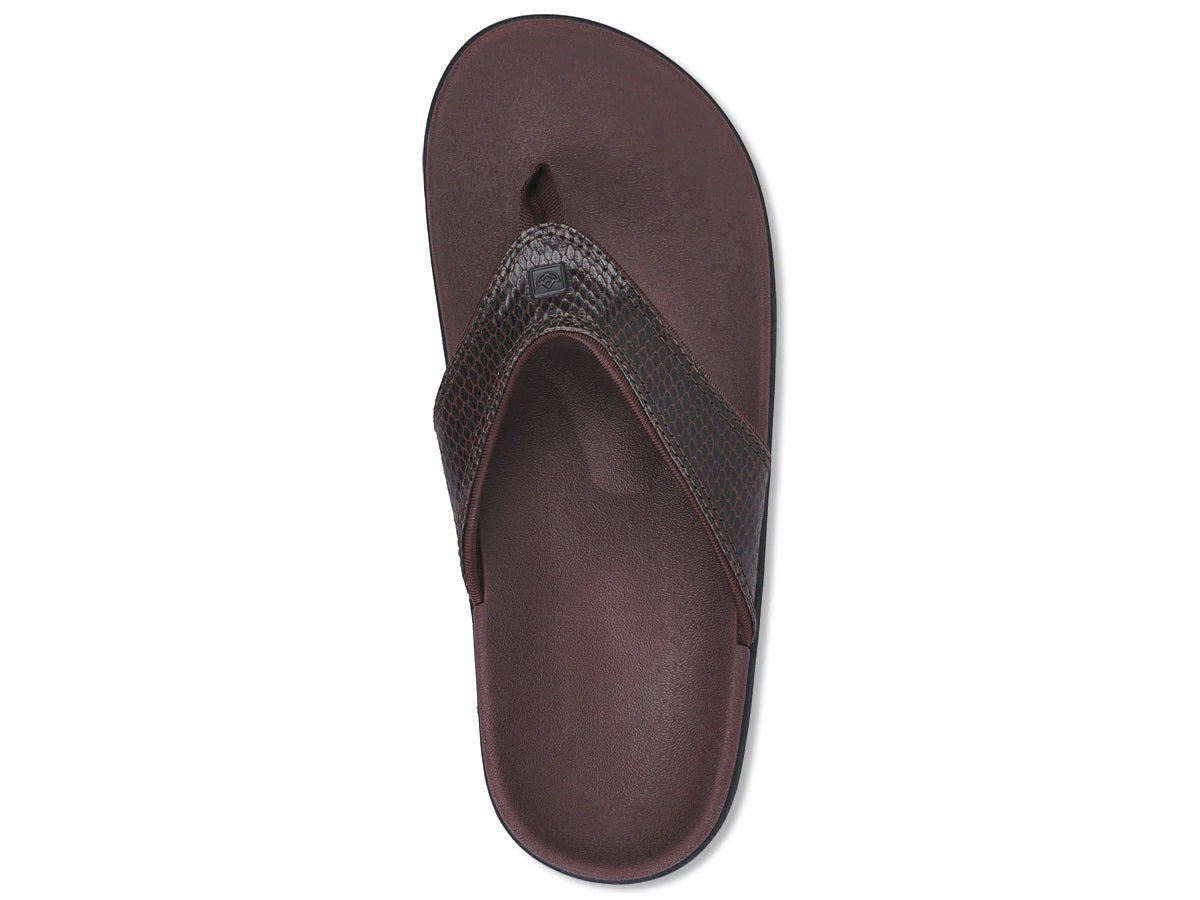 Allen's Bootery Yumi orthotic thong sandal in brown with a textured snake print strap and EVA footbed.