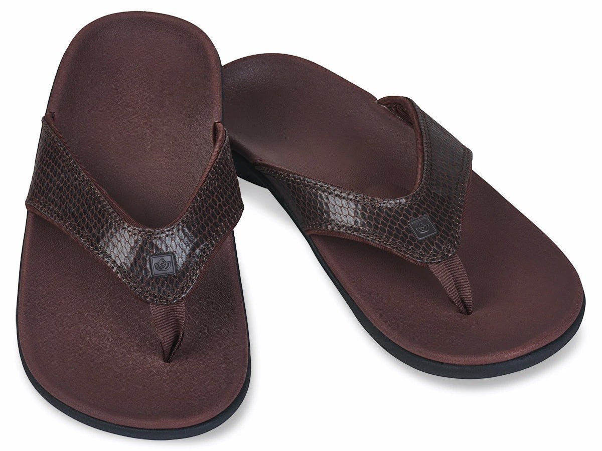Allen's Bootery Yumi orthotic thong sandals in brown with a textured snake print strap and cushioned EVA footbed.