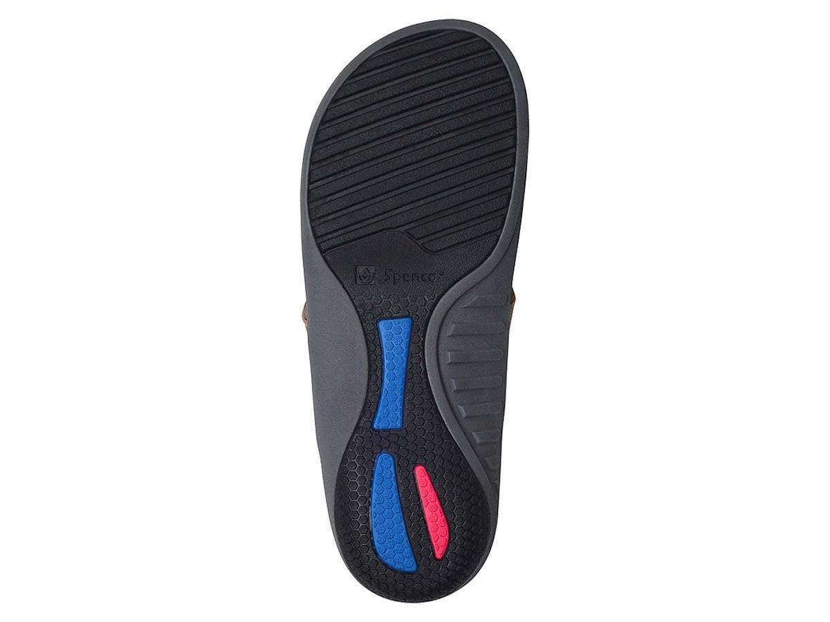 Allen's Bootery Yumi leather sandal showing the black non-slip outsole with blue and pink orthotic support details