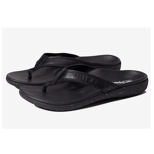 Allen's Bootery Yumi Nuevo Speckled black orthotic flip-flops with slim straps and paint-splatter detail on the sole