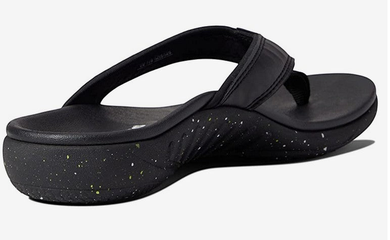 Allen's Bootery Yumi Nuevo Speckled orthotic flip-flop in black with a unique paint-splatter design and slim strap.