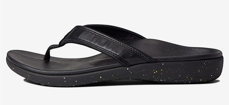Allen's Bootery Yumi Nuevo Speckled black orthotic thong sandal with a slim strap and speckled sole side view