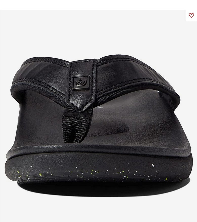 Allen's Bootery Yumi Nuevo Speckled black orthotic thong sandal with slim strap and speckled sole detail