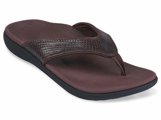 Allen's Bootery Yumi orthotic thong sandals in brown with a textured snake print strap and cushioned footbed.