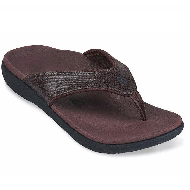 Allen's Bootery Yumi orthotic thong sandals in brown with a textured snake-print strap and cushioned EVA footbed.