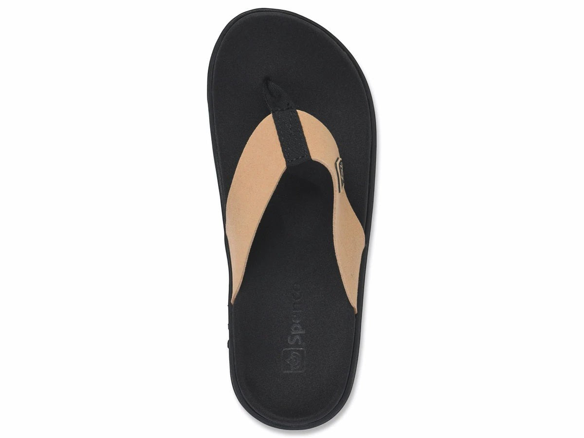 Allen's Bootery Yumi orthotic thong sandal in tan and black with a cushioned EVA footbed and arch support.