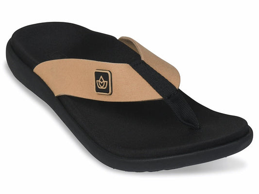 Allen's Bootery Yumi tan orthotic flip-flop sandal with black EVA footbed and snake-textured strap