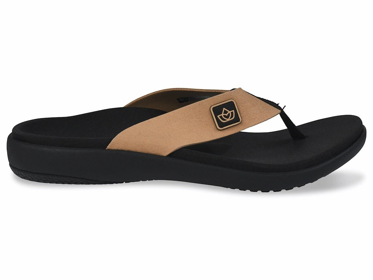 Allen's Bootery Yumi Pure Tan orthotic thong sandal with a tan strap and black cushioned EVA footbed