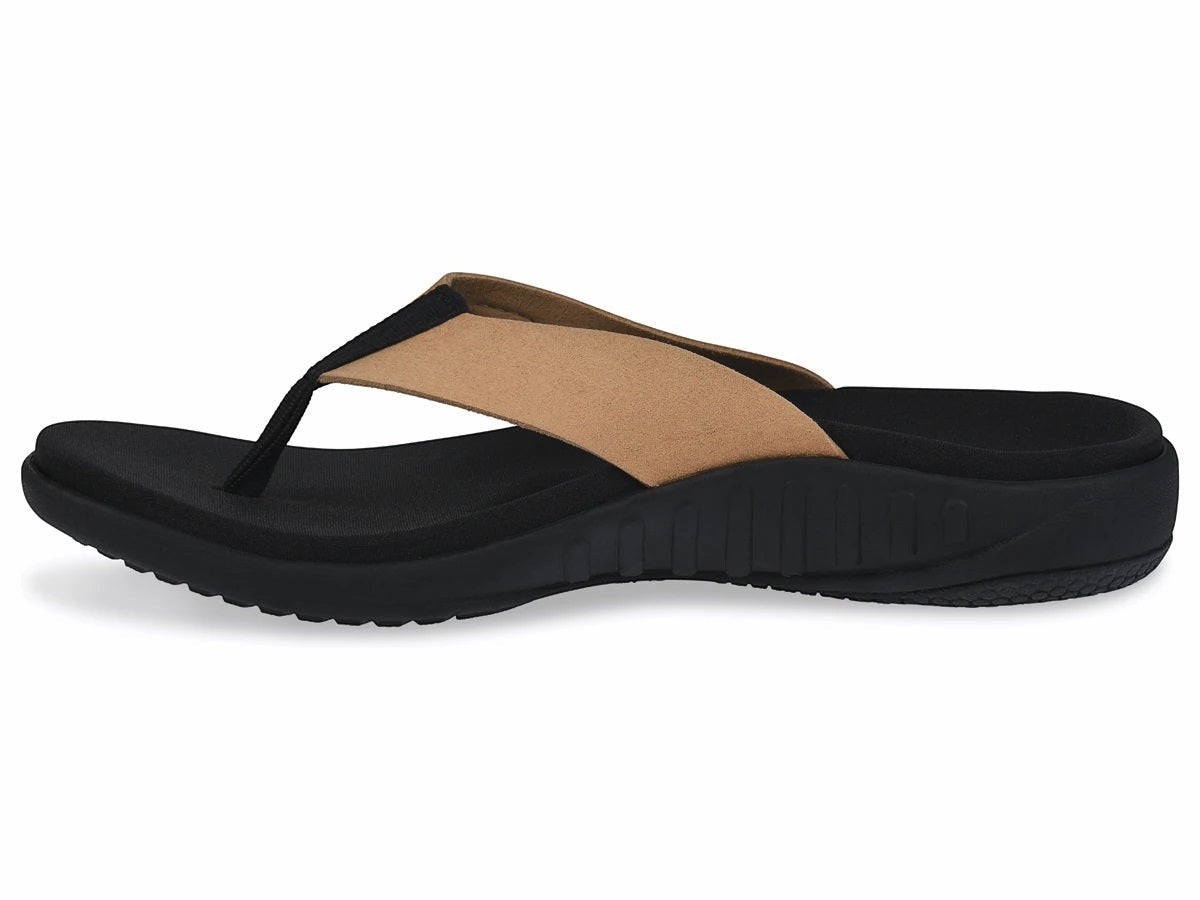Allen's Bootery Yumi tan and black orthotic thong sandal with arch support and cushioned EVA footbed