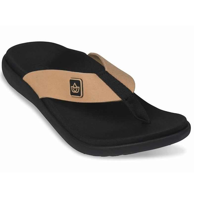 Allen's Bootery Yumi orthotic thong sandal in tan and black with snake texture and cushioned EVA footbed