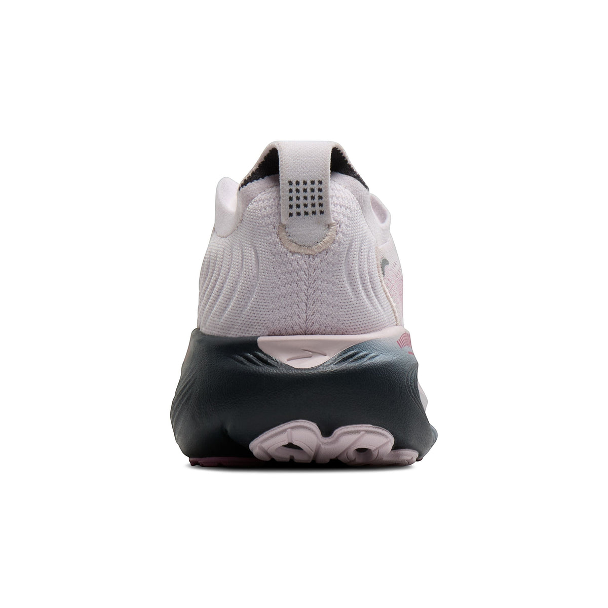 Rear view of Brooks Adrenaline 25 women's running shoe in mauve, ebony, and pink with a cushioned sole.