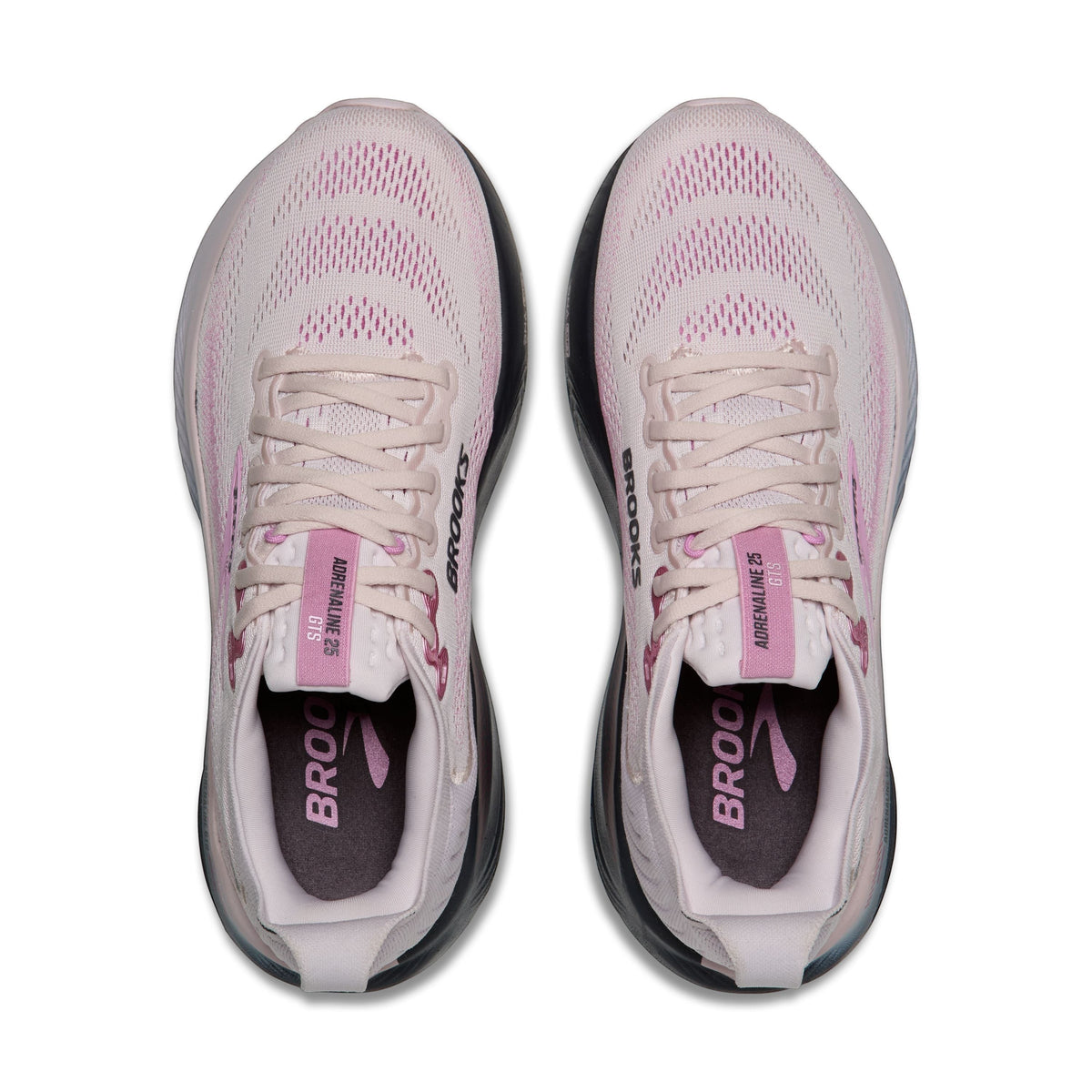 Brooks Adrenaline 25 women's running shoes in mauve, ebony, and pink with a breathable mesh upper and top-down view.